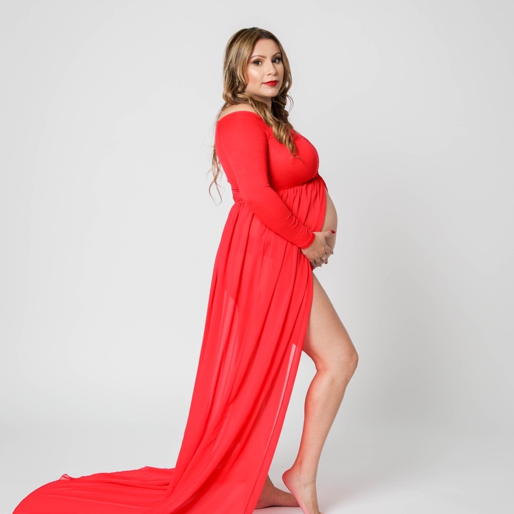 Maternity Off Shoulder Red Maxi Sheer Dress
